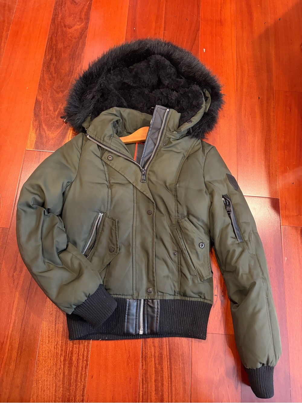 Vince Camuto Olive Green Bomber Jacket with Black Trim